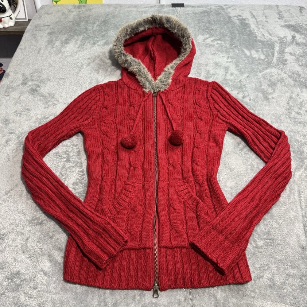 VTG Y2K Takeout Womens Cable Knit Full Zip Faux Fur Hood Jacket Size S Indie